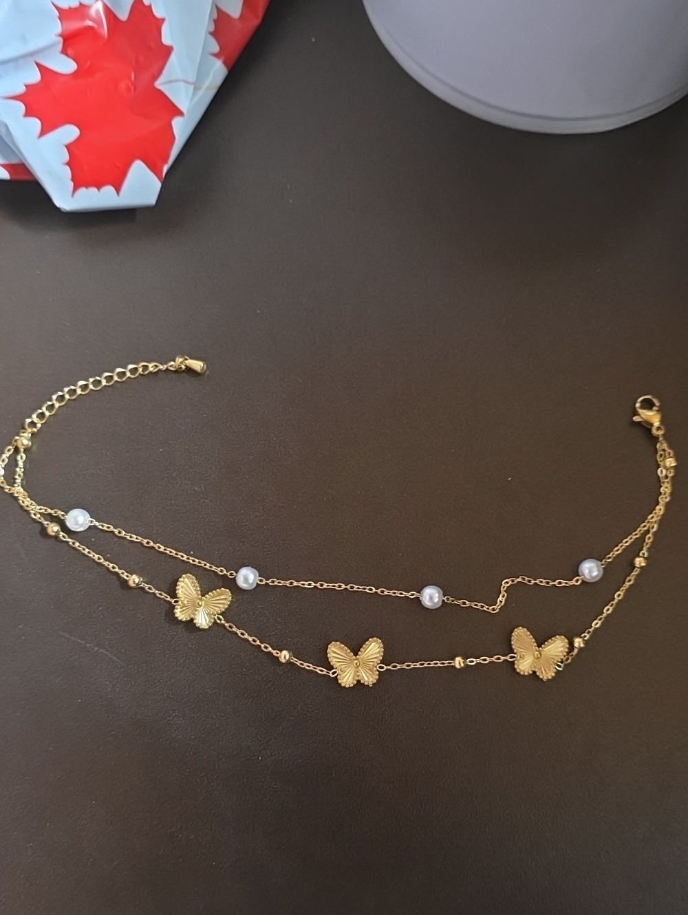 Anklet 18K Gold Plated, Waterproof, Non Tarnish Butterfly Pearl Double-Chain 10"